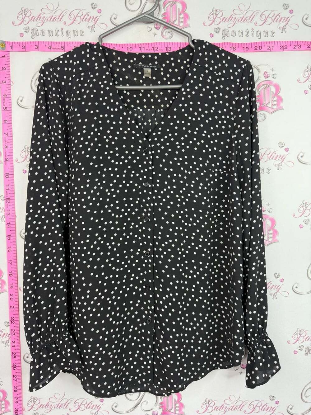 Tahari shirt Black Polka Dot V-Neck Button Front Blouse